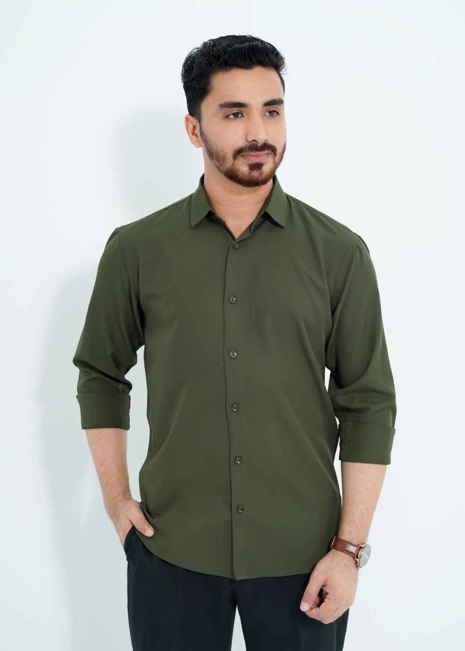 olive-2.jpg Olive Spandex Glossy Fabrics Shirt - Image 1